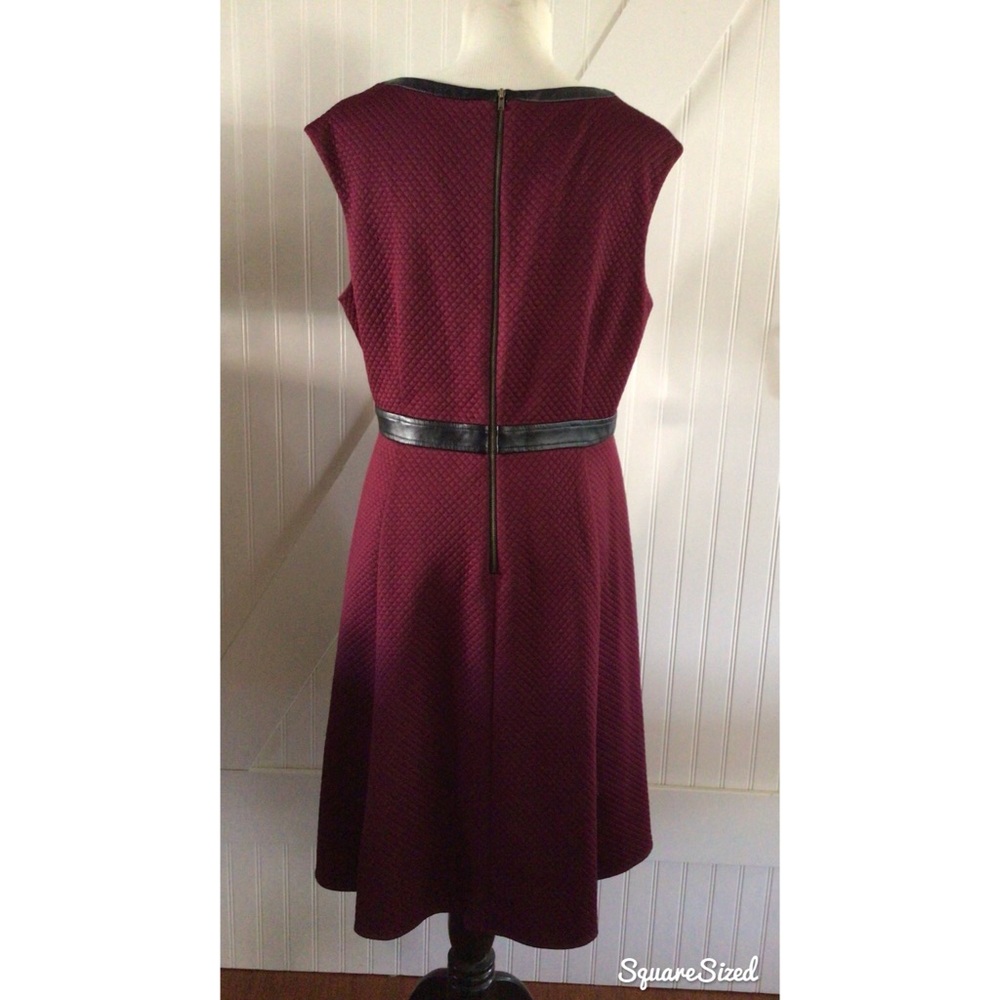 London Style Collections Burgundy Leather Trim Waistline Dress - Picture 4 of 6